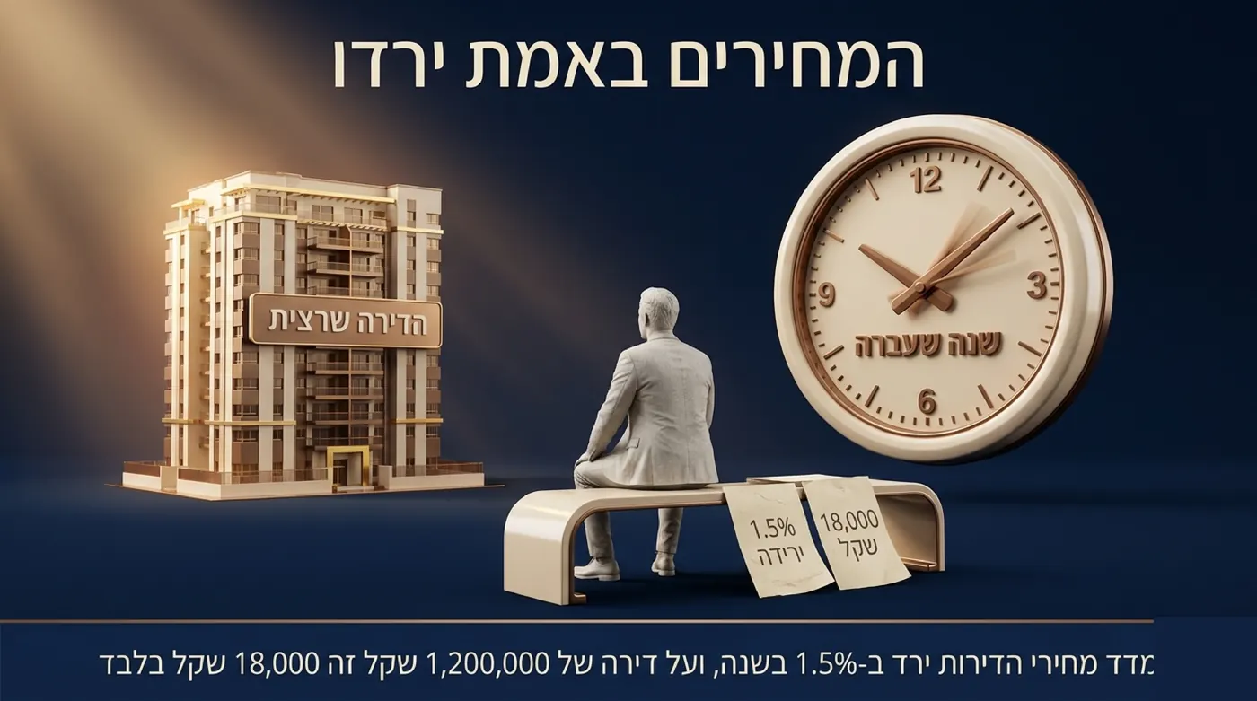 משקיע יושב על גדר מול בניין מגורים בעוד מחוגי שעון גדול מסתובבים מאחוריו