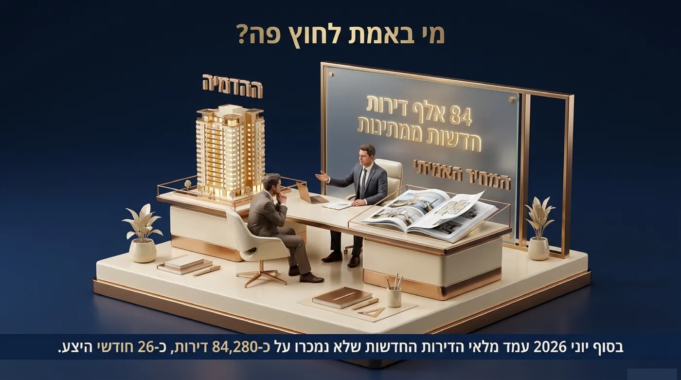 זוג יושב מול נציג מכירות במשרד מכירות ומביט בהדמיה של בניין מגורים