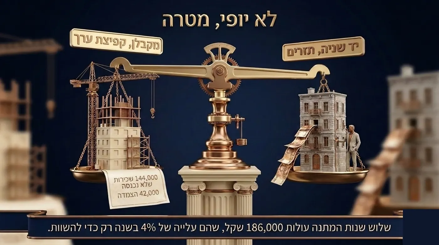 מאזניים שמשווים בין בניין בבנייה עם מנוף לבין בניין ותיק שממנו יוצא זרם שטרות