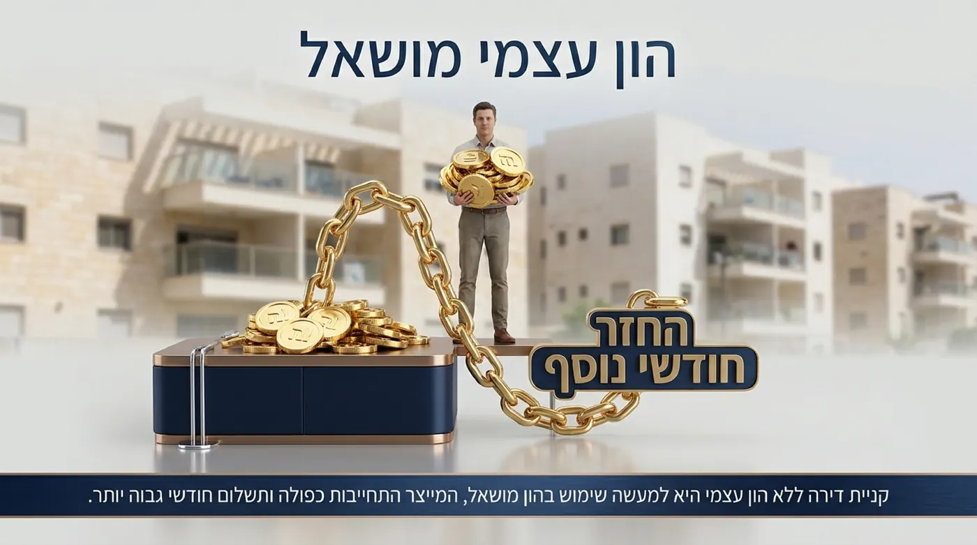 אדם מחזיק מטבעות זהב ומהן יוצאת שרשרת אל ערימה שנייה, על רקע בנייני מגורים