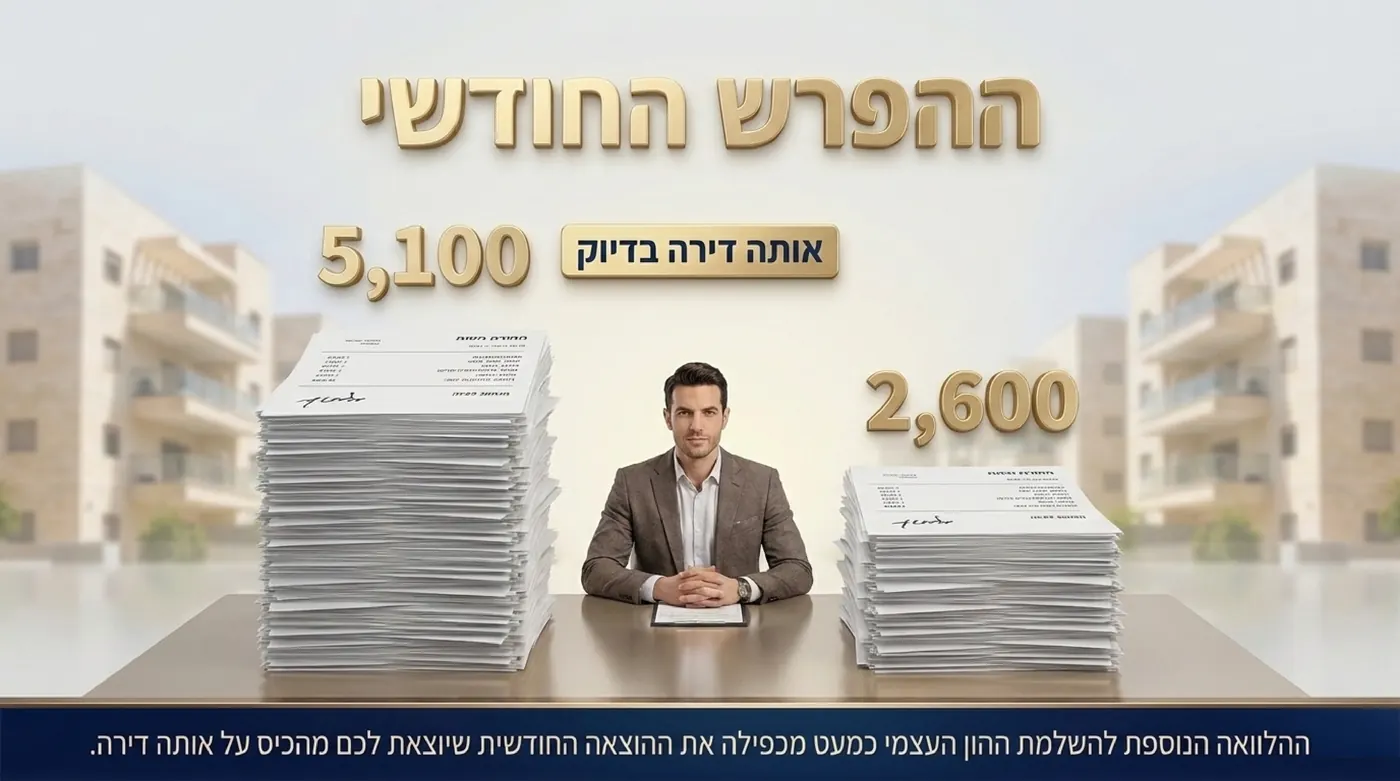 אדם יושב בין שתי ערימות מסמכים גבוהות, ומעליהן המספרים 5,100 ו-2,600