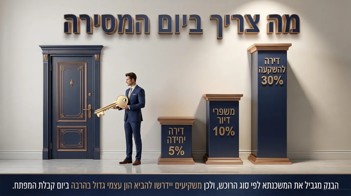 אדם אוחז מפתח גדול ליד דלת דירה, ולצידו שלושה עמודים בגבהים עולים