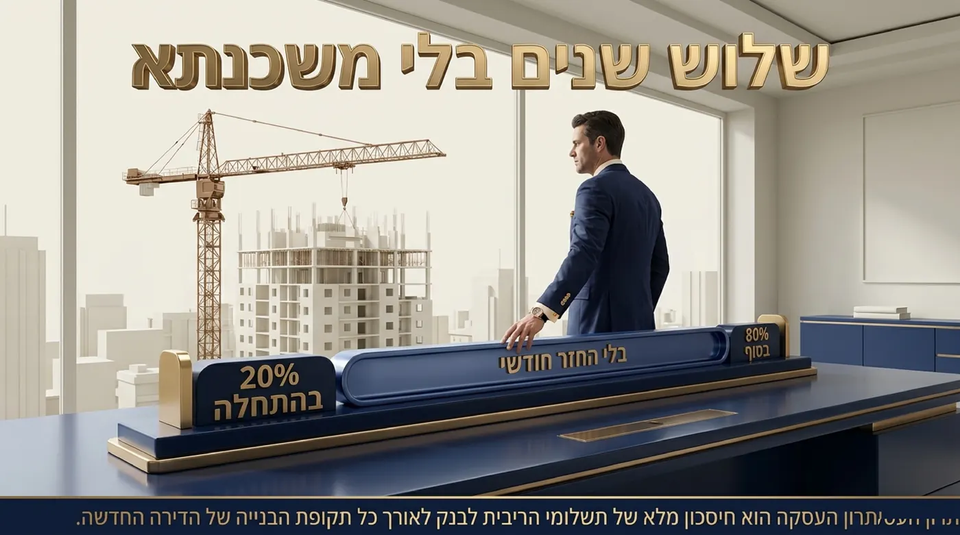אדם ליד חלון משרד מביט בבניין בבנייה, ולפניו לוח זמנים ארוך עם תשלום בכל קצה