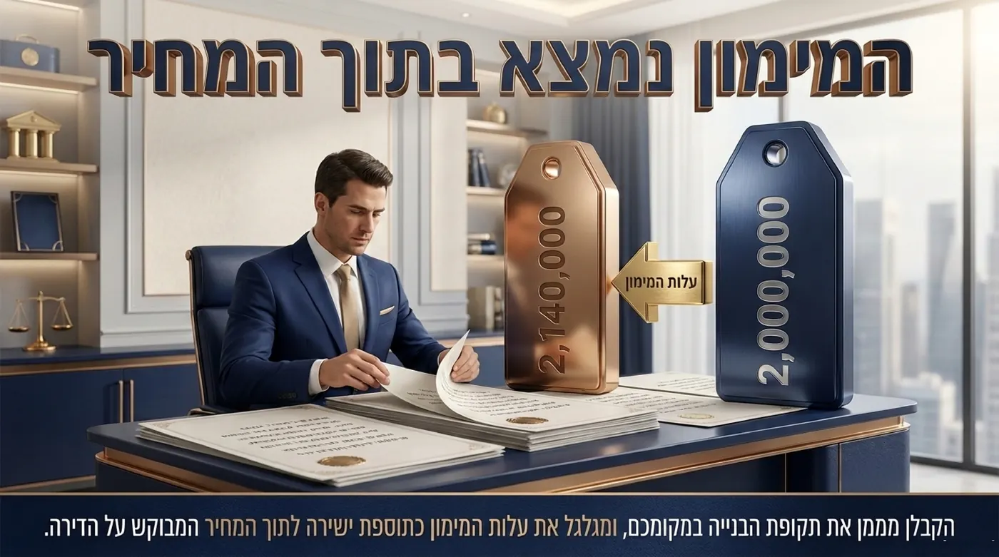 שני תגי מחיר גדולים זה מול זה על שולחן משרד, ובין שניהם חץ עם הכיתוב עלות המימון