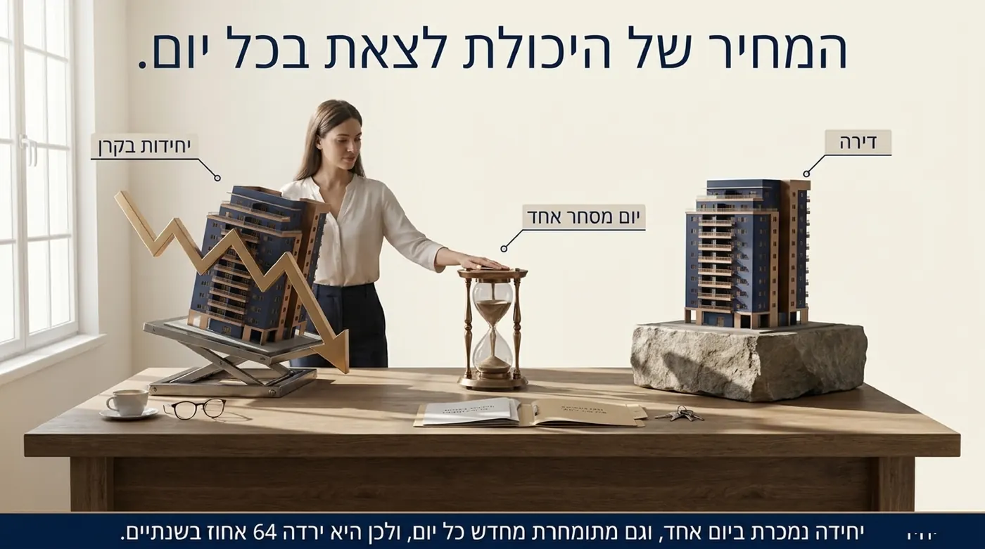 אישה ניצבת בין דגם בניין על סלע לדגם בניין על מנוף נוטה עם חץ זהב יורד