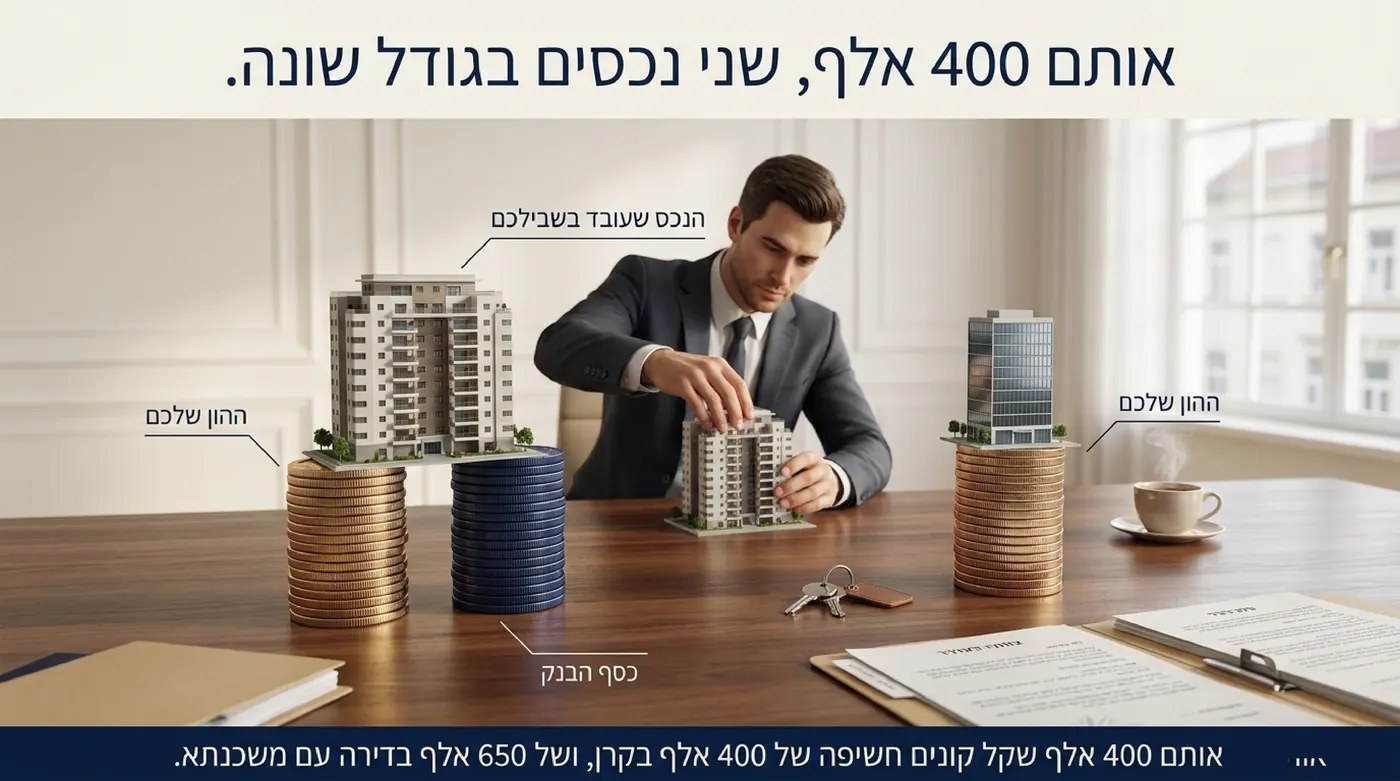גבר בחליפה מסדר דגמי בנייני מגורים על ערמות מטבעות זהב וכחולות בשולחן משרד