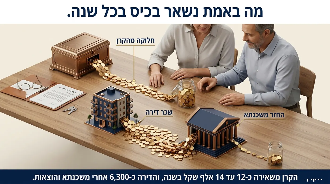 זוג יושב לשולחן ועליו זרמי מטבעות זהב שנעים מדגם בניין אל צנצנות זכוכית