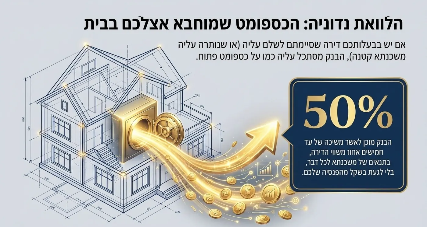 איור בית עם כספת זהב פתוחה, הממחיש משיכה של עד חמישים אחוז משווי הדירה