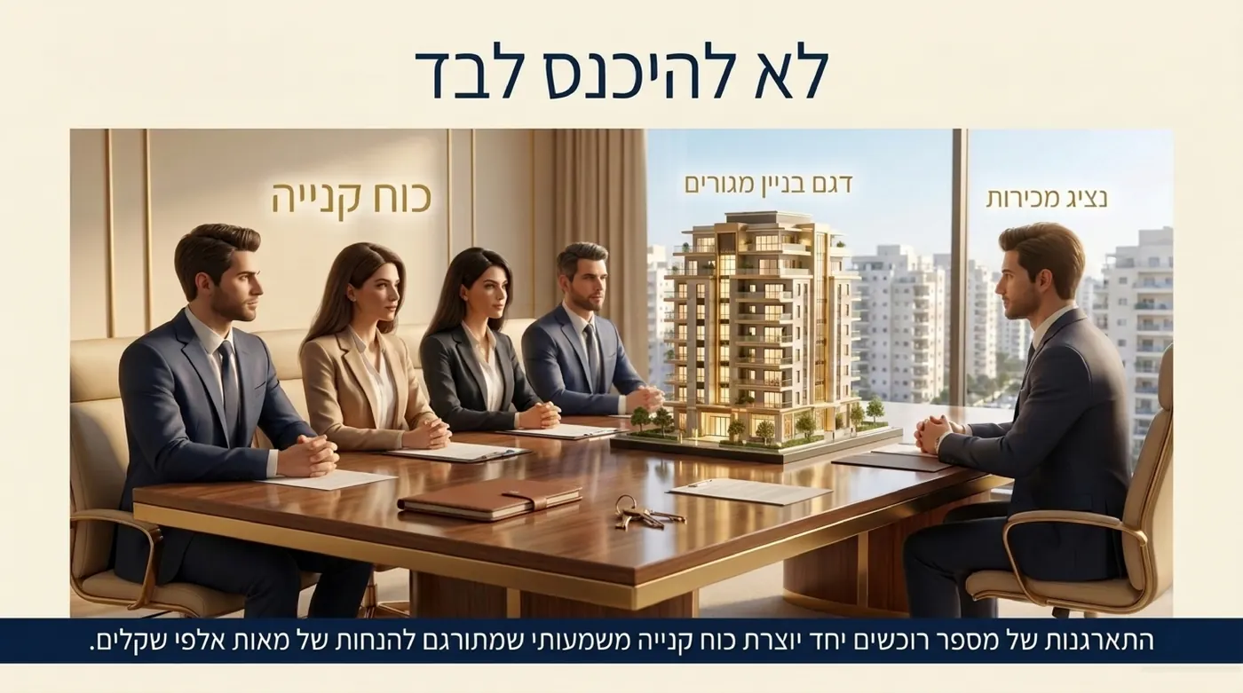 ארבעה אנשים יושבים יחד בצד אחד של שולחן ישיבות ומולם נציג מכירות