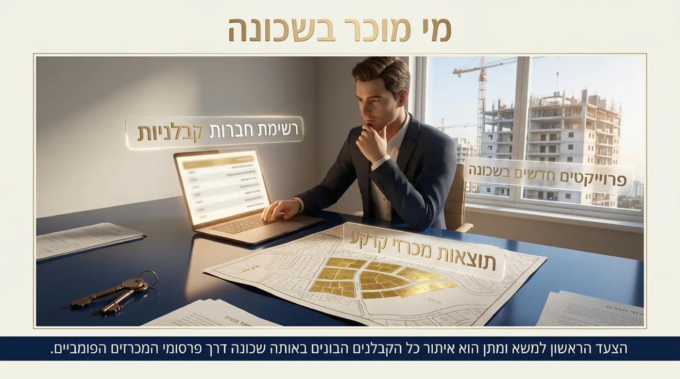 אדם מול מחשב נייד ורשימת חברות, ולצידו מפת שכונה מודפסת עם מגרשים מסומנים