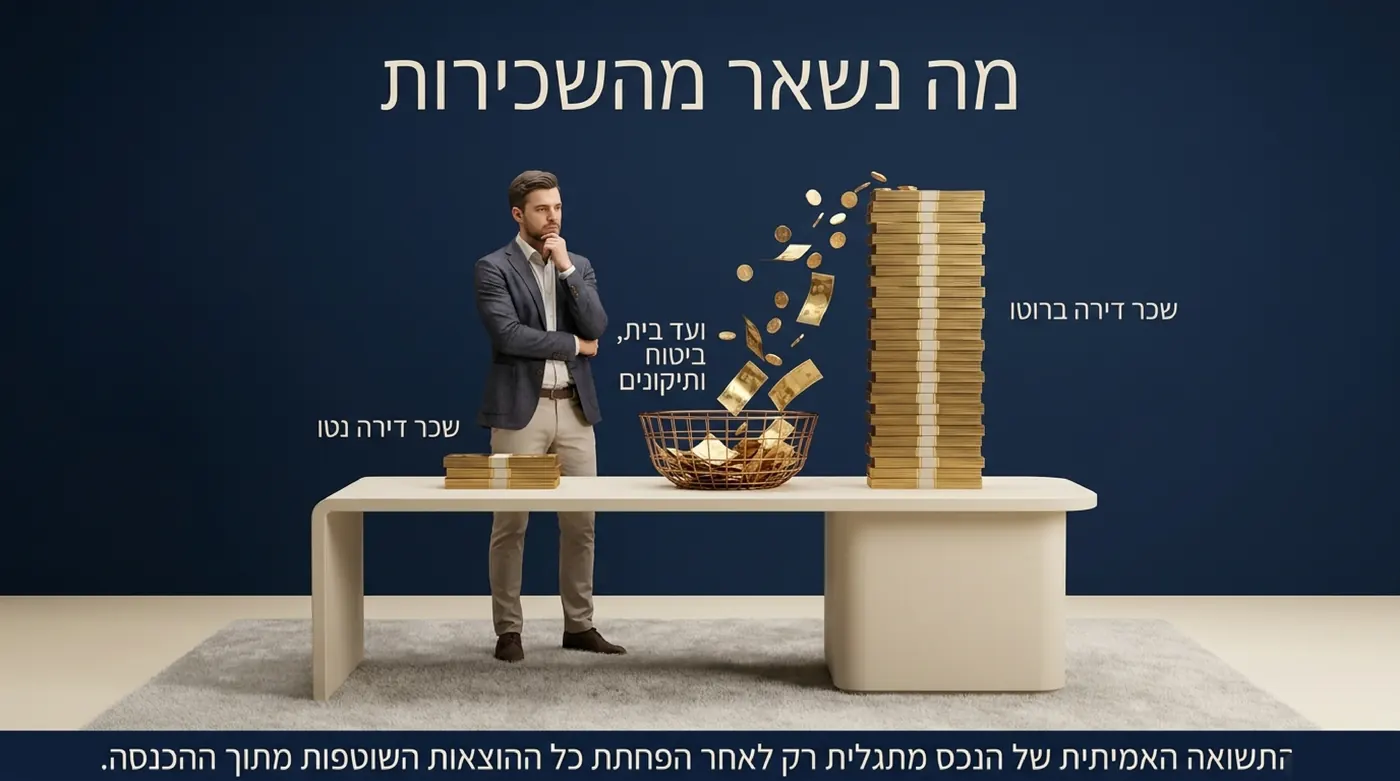גבר עומד ליד שולחן ועליו ערמת מטבעות גבוהה שממנה נושרים שטרות אל תוך סל, ולצדה ערמה נמוכה