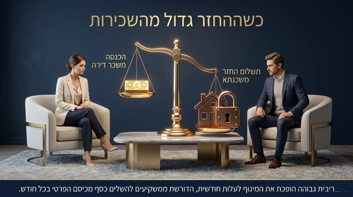 אישה וגבר יושבים בכורסאות משני צדי מאזני זהב, והכף שנושאת בית נעולה נוטה מטה