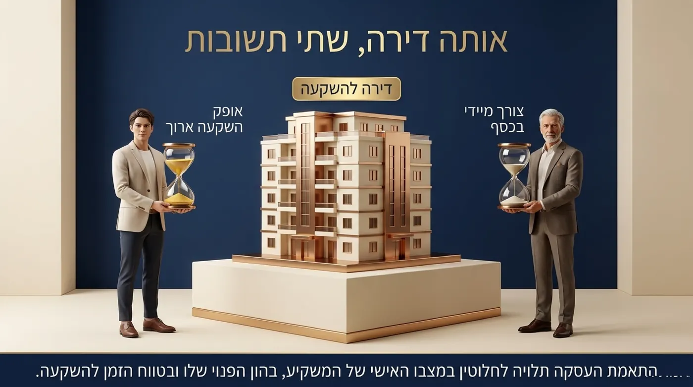 שני גברים אוחזים כל אחד שעון חול משני צדיו של דגם בניין מגורים