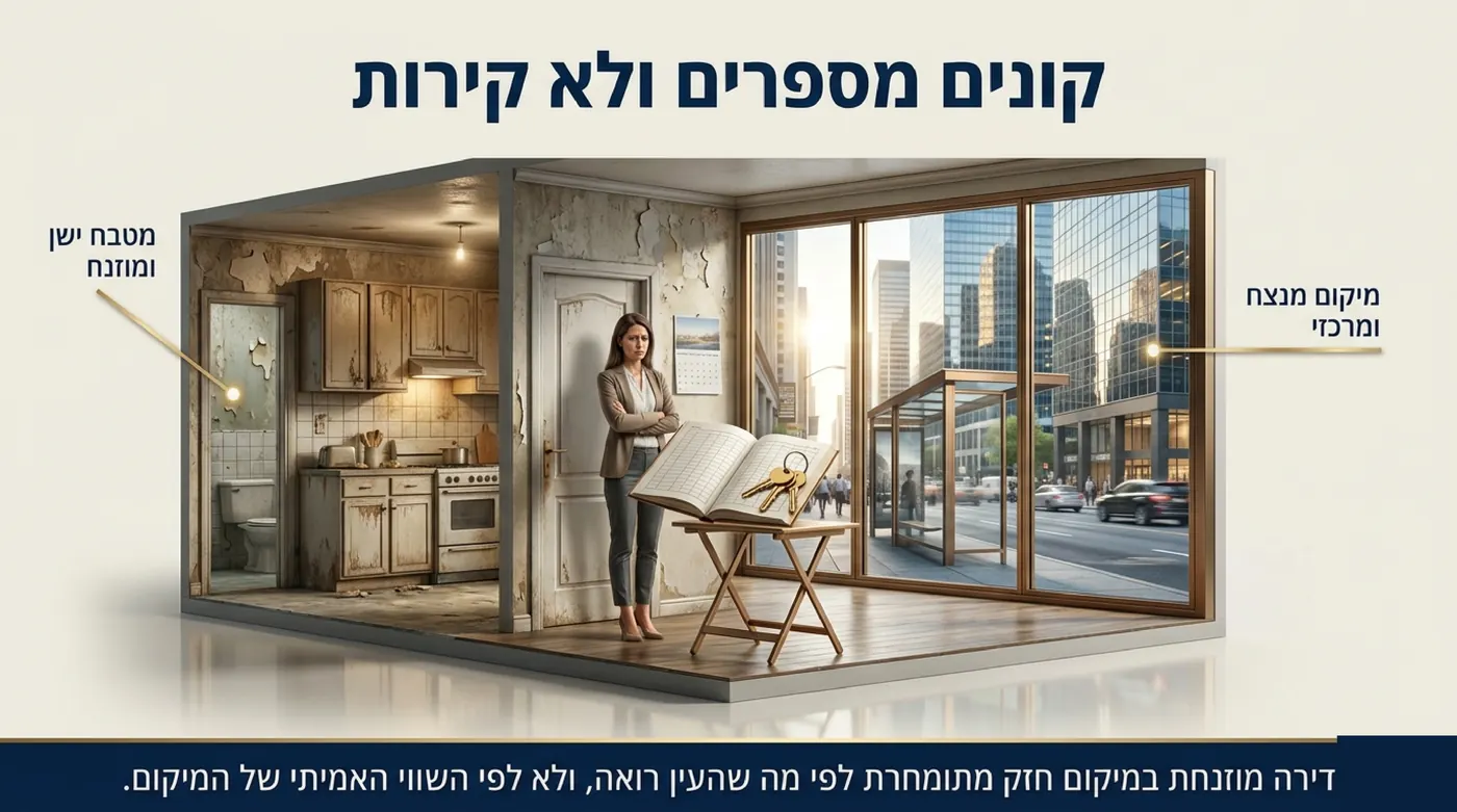 אישה עומדת בדירה מוזנחת עם מטבח ישן, ומבעד לחלון נשקף רחוב עירוני סואן