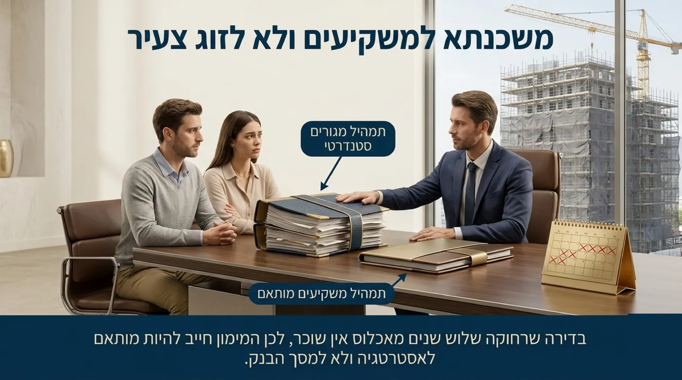 פקיד בנק מחליק תיק מסמכים עבה לעבר זוג, ולצדו תיק דק יותר על השולחן