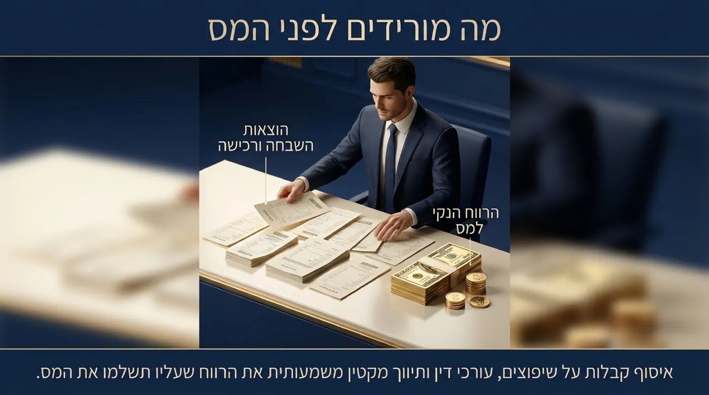גבר בחליפה פורש על שולחן קבלות ומסמכים לצד ערמת שטרות ומטבעות זהב