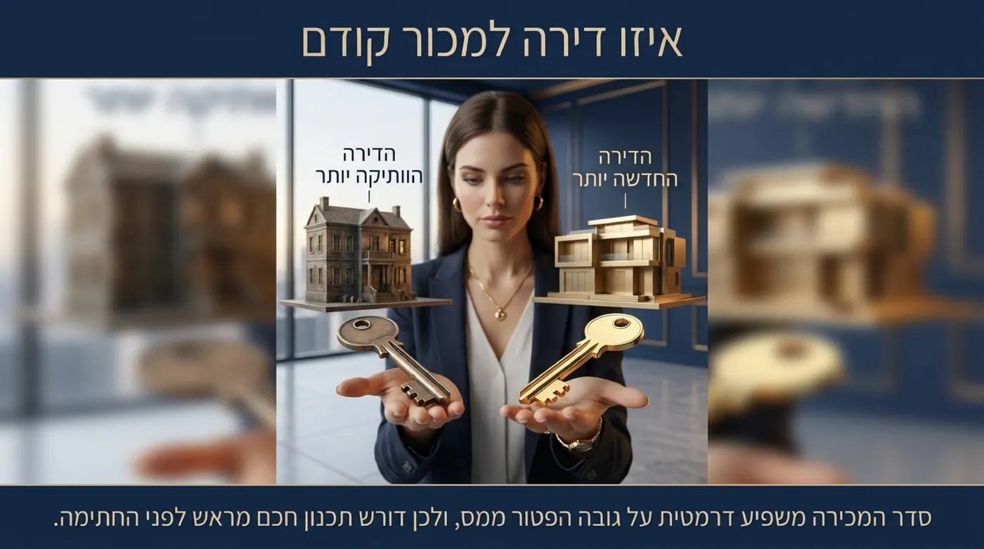 אישה מחזיקה שני מפתחות בשתי כפות ידיה, ומעליהם דגמים של בית ותיק ובית חדש