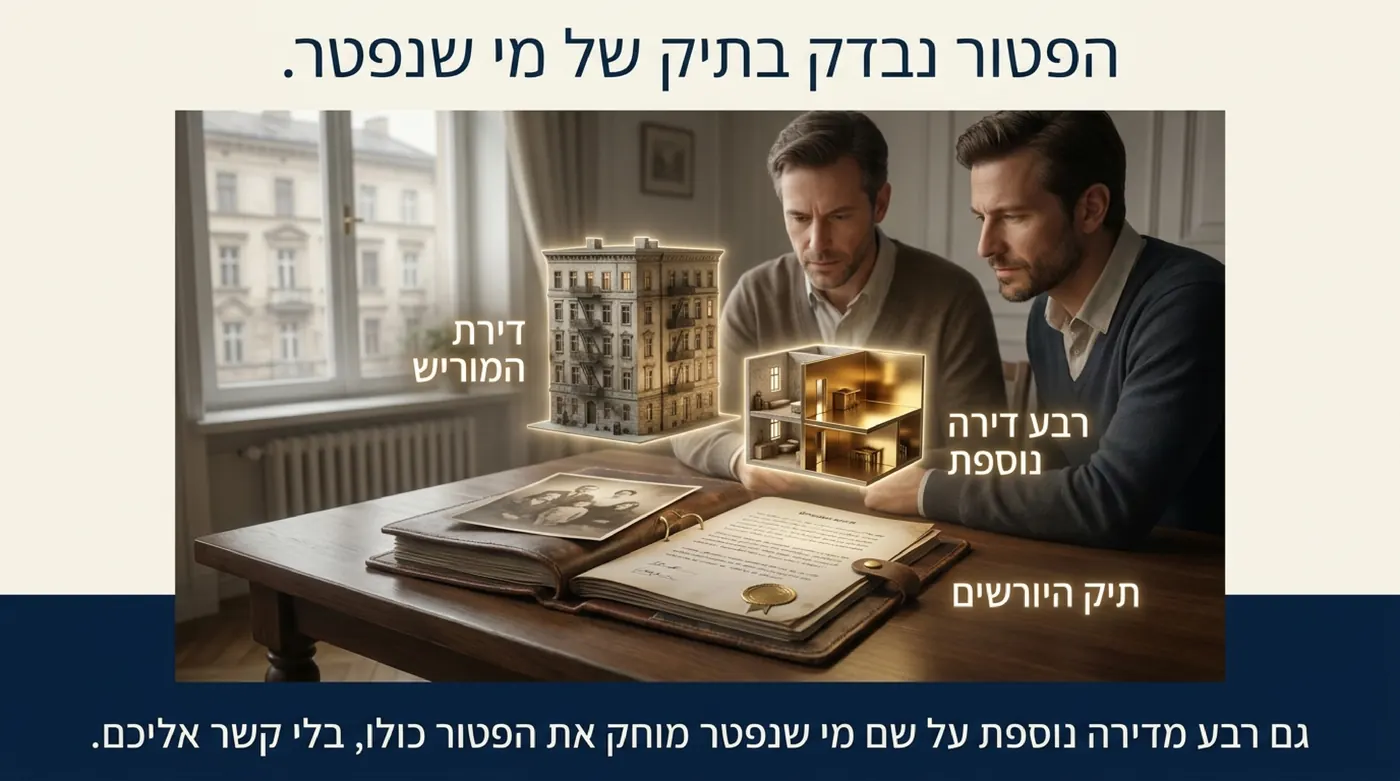 שני גברים מביטים בדגמי דירות מוארים מעל תיק מסמכים פתוח ובו תצלום משפחתי ישן