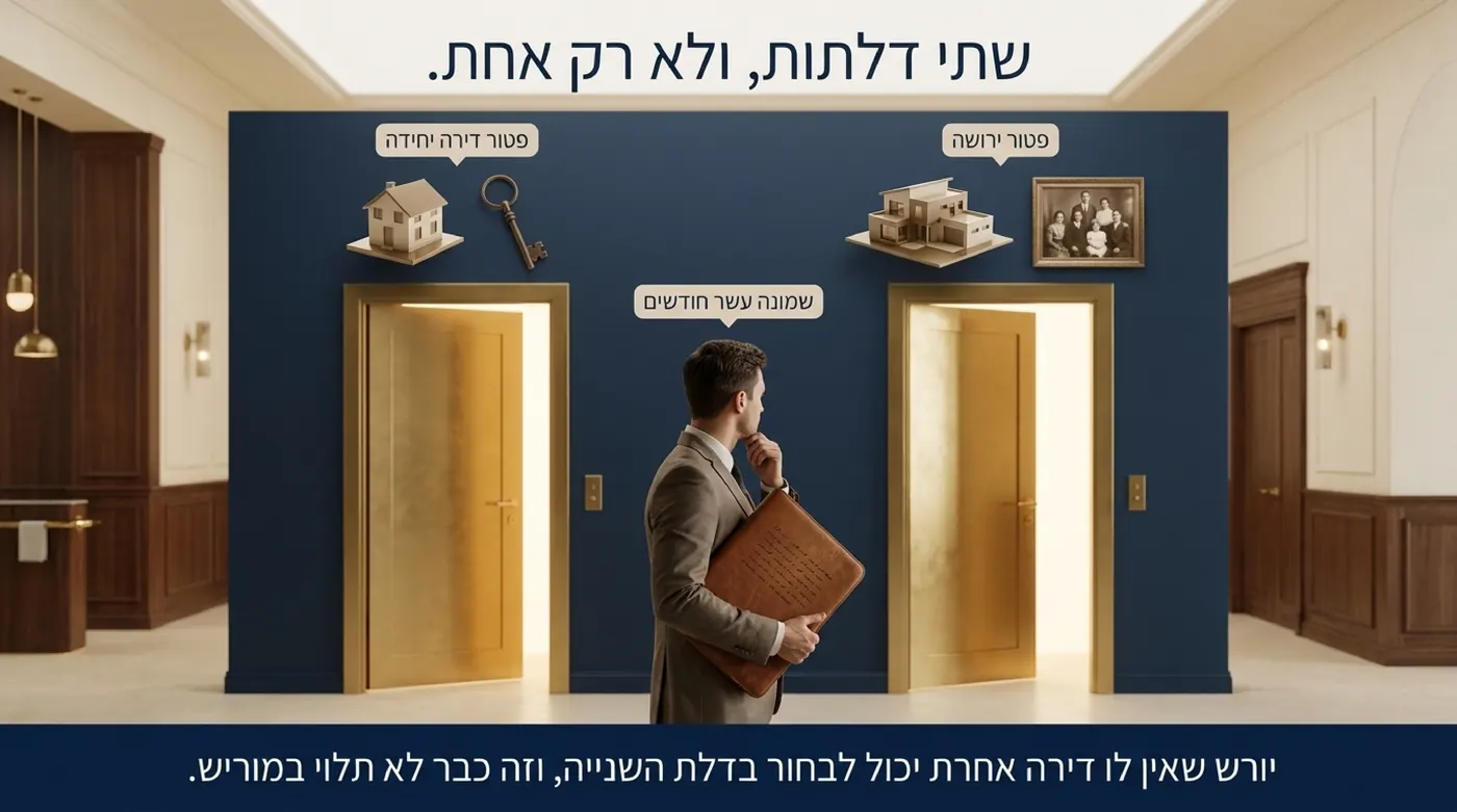 גבר עם תיק מסמכים עומד במסדרון מול שתי דלתות זהב פתוחות בקיר כחול