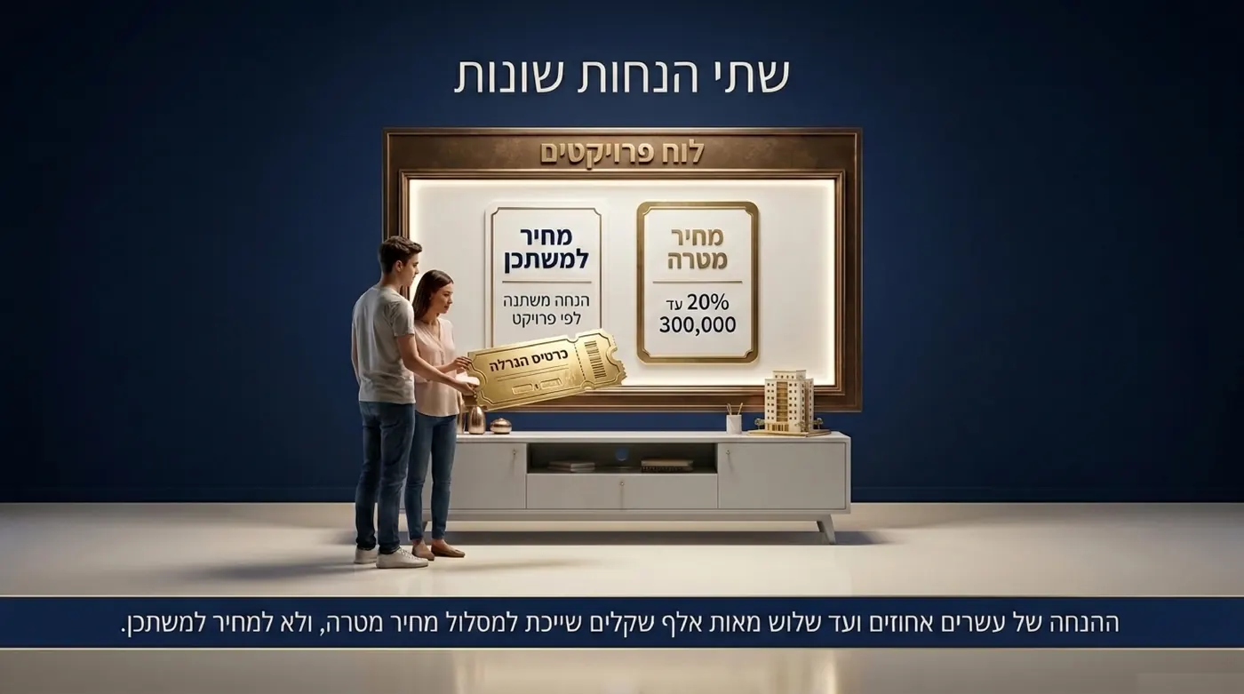 זוג מחזיק כרטיס הגרלה מוזהב מול לוח פרויקטים של דירה בהנחה