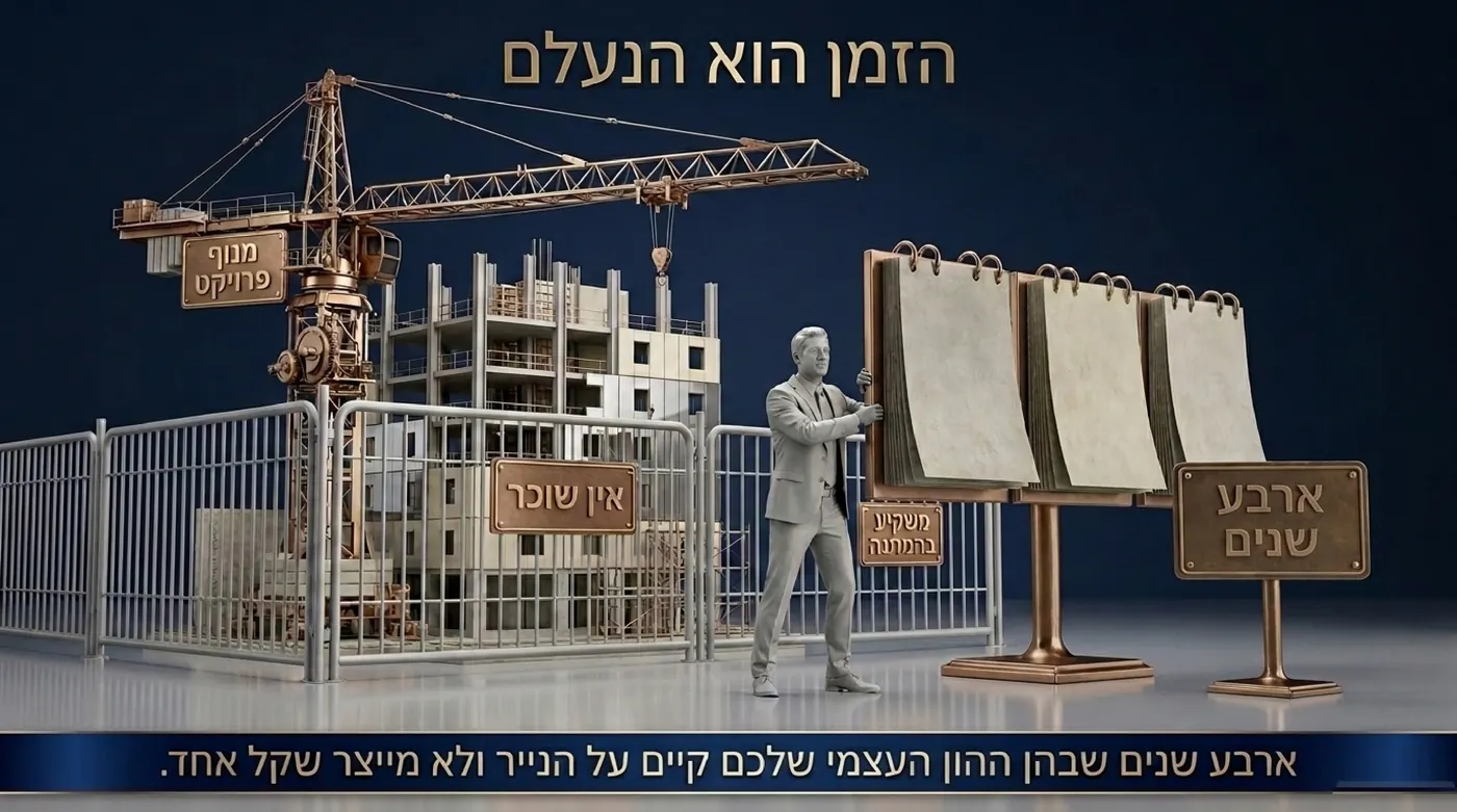 משקיע ממתין ליד בניין בבנייה בעוד ארבעה לוחות שנה מתקלפים לצידו