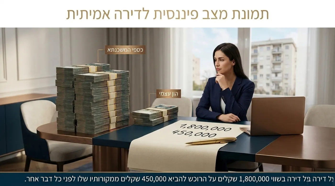 אישה יושבת לשולחן משרדי מול ערמת שטרות גבוהה המסומנת כספי המשכנתא וערמה קטנה בהרבה המסומנת הון עצמי