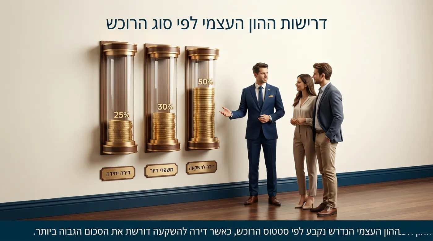 יועץ משכנתאות מציג לזוג שלושה גלילי זכוכית מלאים במטבעות זהב בגבהים שונים, המסומנים דירה יחידה, משפרי דיור ודירה להשקעה