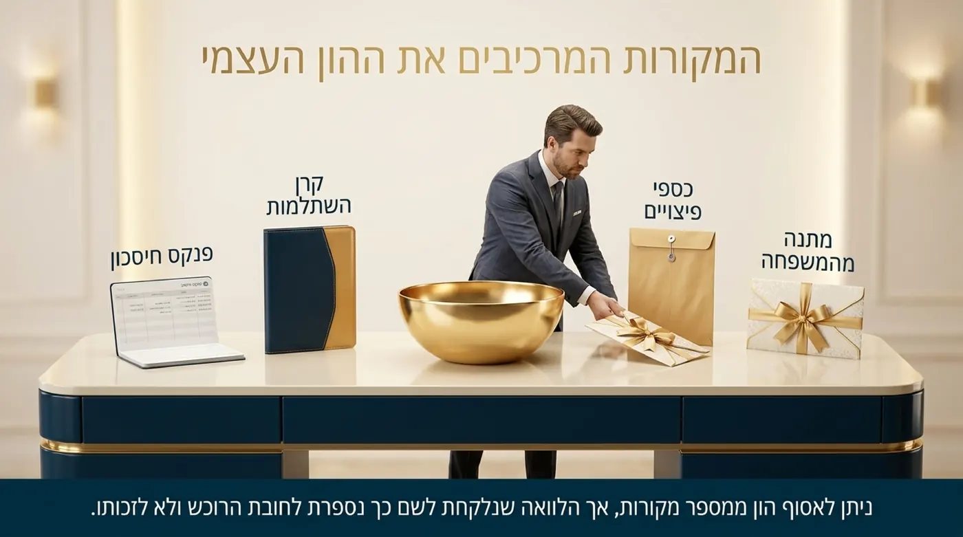 גבר בחליפה אוסף אל תוך קערת זהב מסמכים מארבעה מקורות: פנקס חיסכון, קרן השתלמות, מעטפת כספי פיצויים ומתנה עטופה מהמשפחה