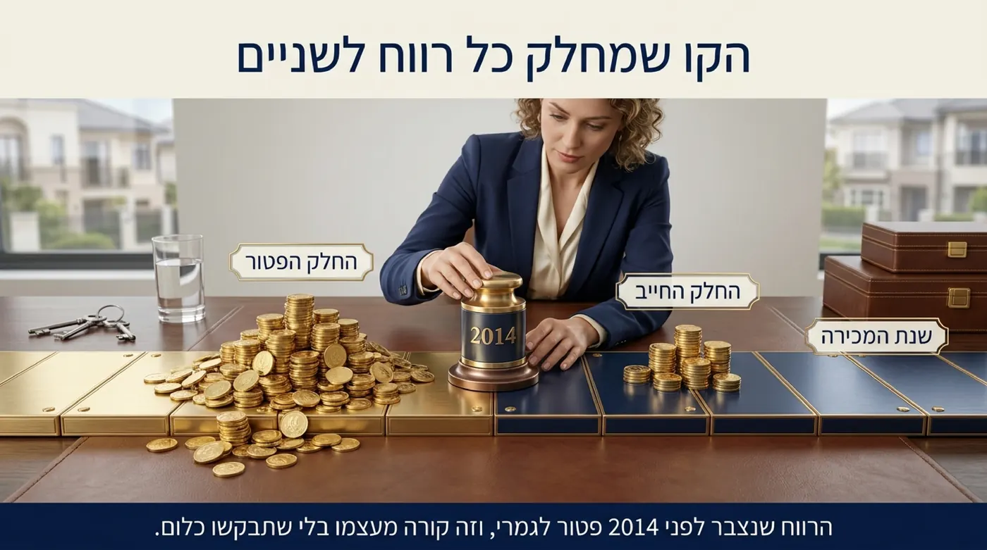 אישה מניחה משקולת ועליה השנה 2014 על קו זמן שחציו לוחות זהב וחציו לוחות כחולים