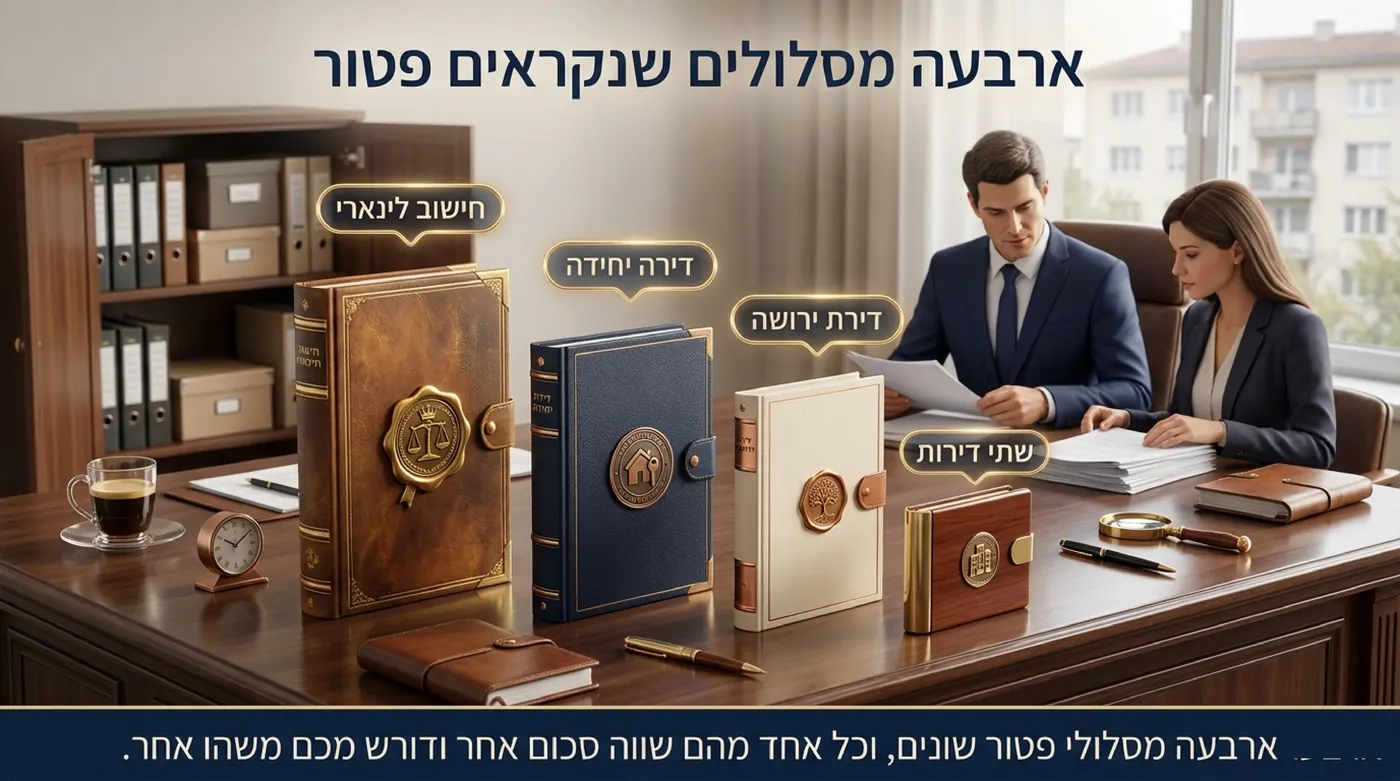יועץ ולקוח יושבים לשולחן ועליו ארבעה תיקי מסמכים בגדלים שונים עם חותמות זהב