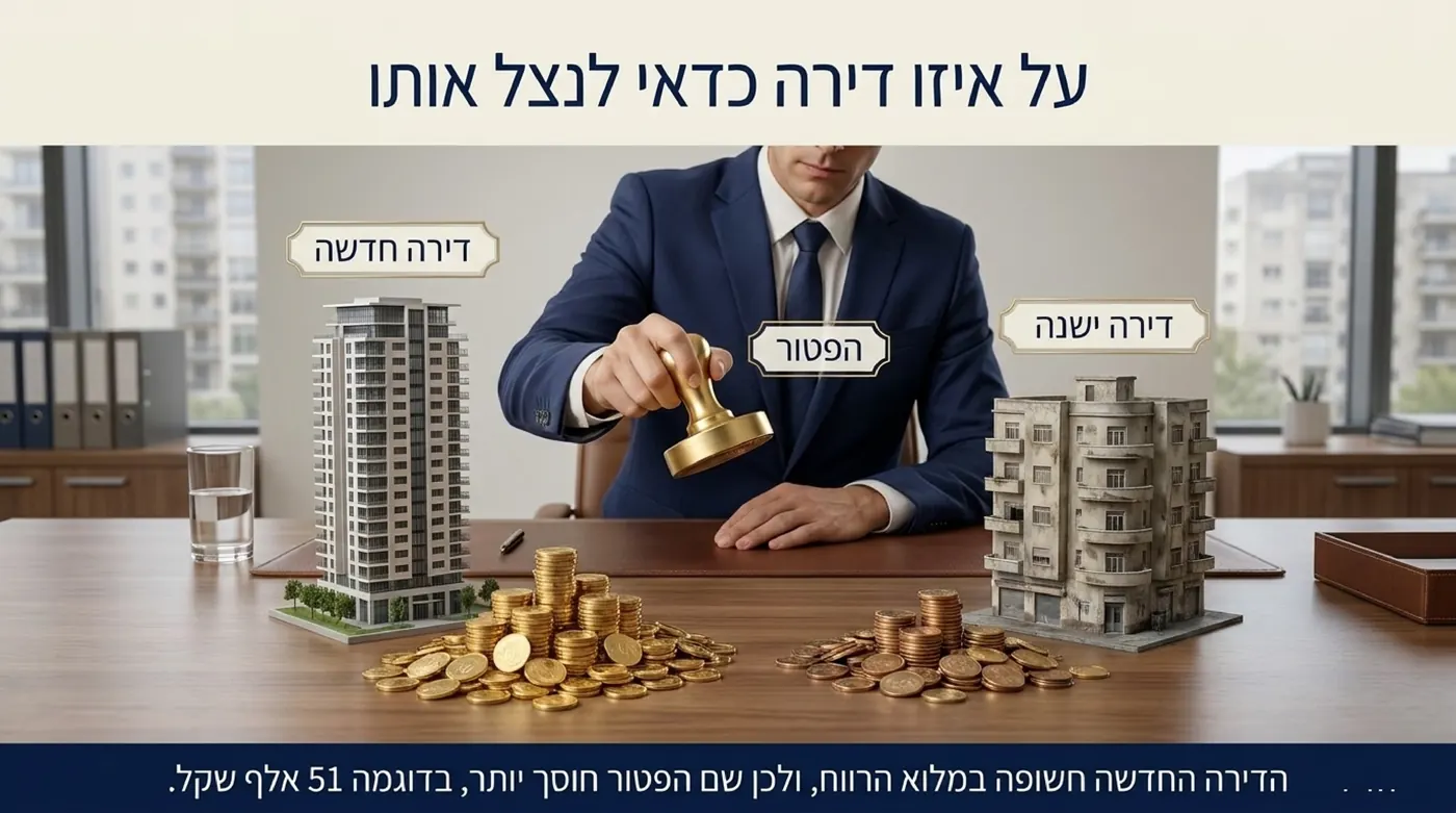 גבר בחליפה אוחז חותמת זהב בין דגם של מגדל מגורים חדש לדגם של בניין ישן