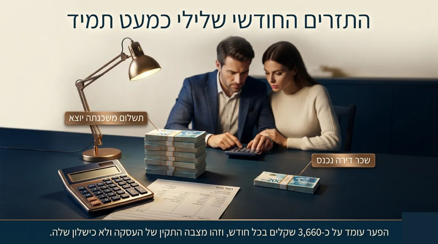 זוג יושב לצד מחשבון ושתי ערימות שטרות בגבהים שונים על שולחן מטבח