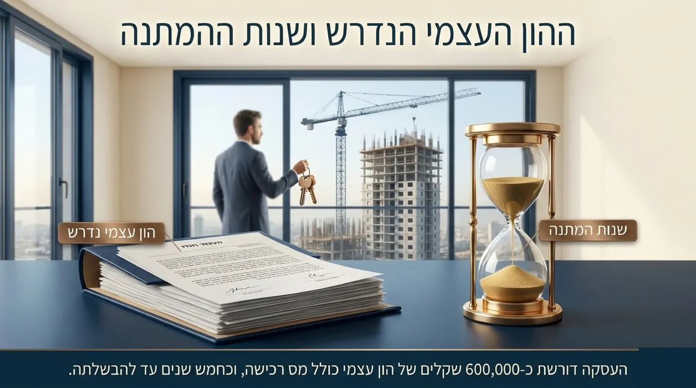 גבר עומד מול חלון עם מפתחות ביד, לצדו תיק מסמכים ושעון חול מוזהב
