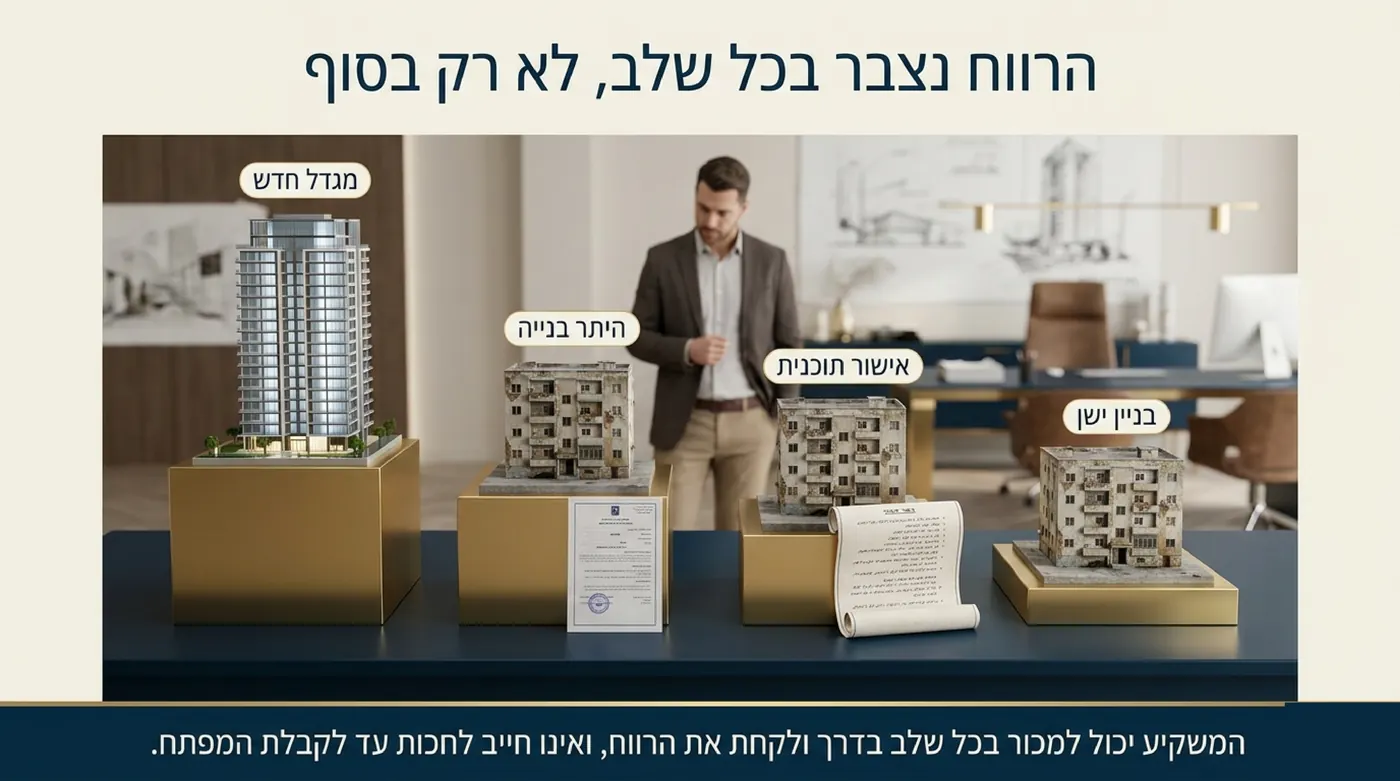 ארבעה דגמי בניין על בסיסי זהב בגבהים עולים, מבניין ישן ועד מגדל חדש