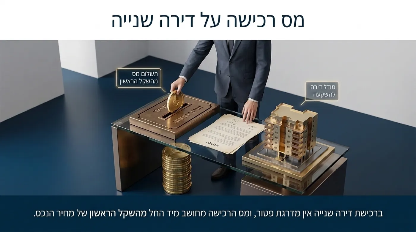 גבר בחליפה מכניס מטבע זהב לתיבת מס עתיקה שעל שולחן זכוכית, ולצידה מודל זהוב של בניין מגורים להשקעה