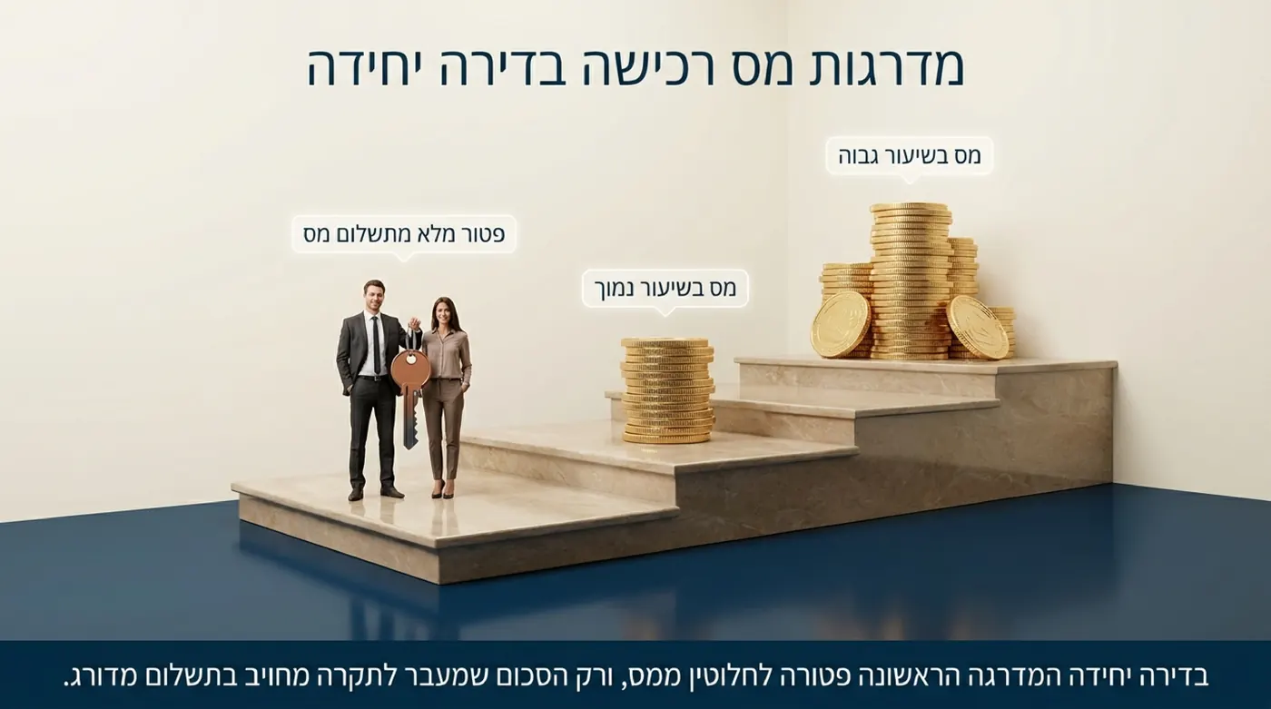 זוג עומד על המדרגה הראשונה של גרם מדרגות אבן, וכל מדרגה מעליו נושאת ערמת מטבעות זהב גבוהה יותר