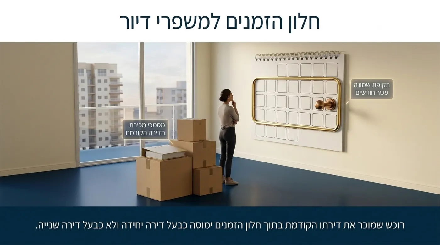 אישה עומדת בסלון ריק ליד ערמת ארגזי מעבר דירה ומביטה בלוח שנה גדול במסגרת זהב שמסמן תקופה של שמונה עשר חודשים