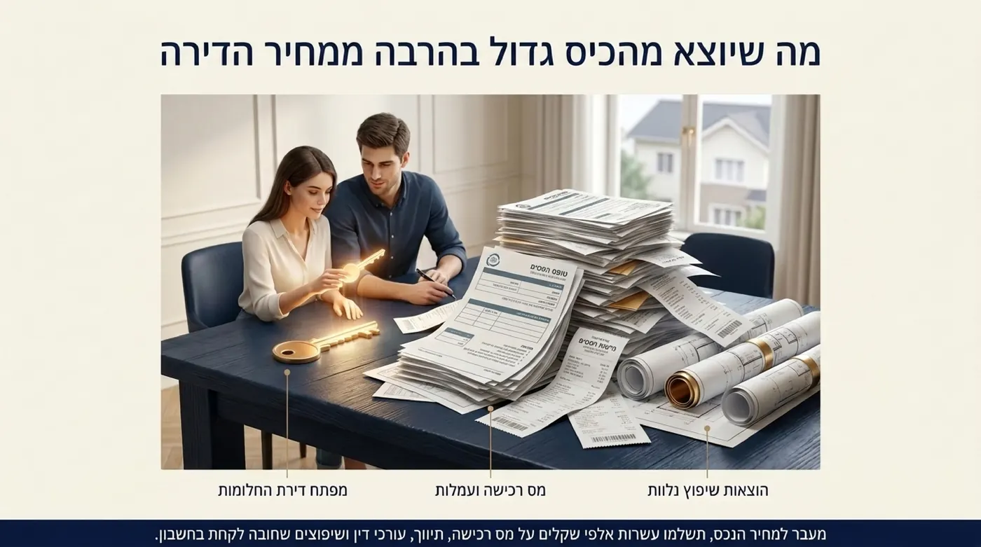 זוג יושב לשולחן עם מפתח זהב לדירה, ולצידו ערמת טפסים וקבלות של מס רכישה, עמלות והוצאות שיפוץ