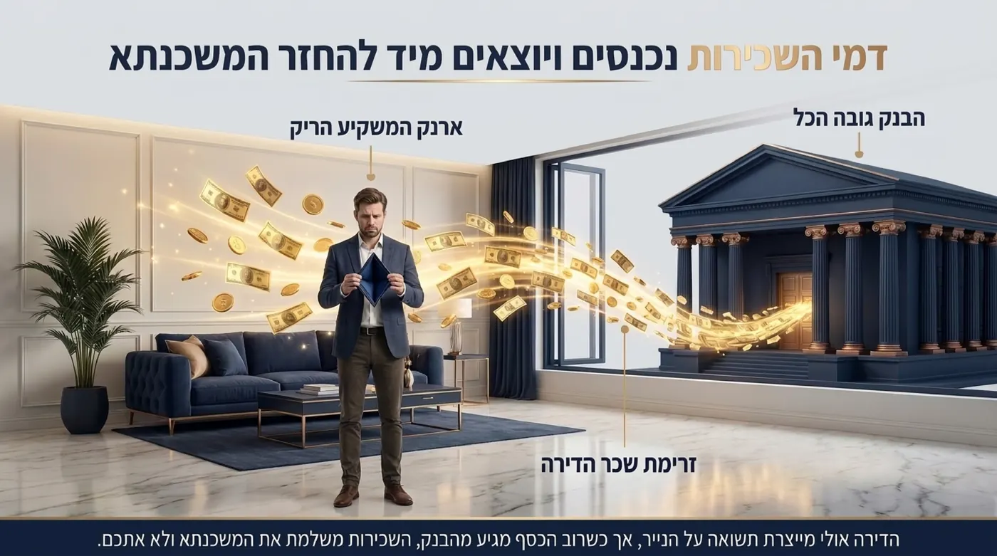 אדם עומד בסלון ומחזיק ארנק ריק, בזמן ששטרות זהובים זורמים מהדירה אל עבר בניין בנק שמחוץ לחלון