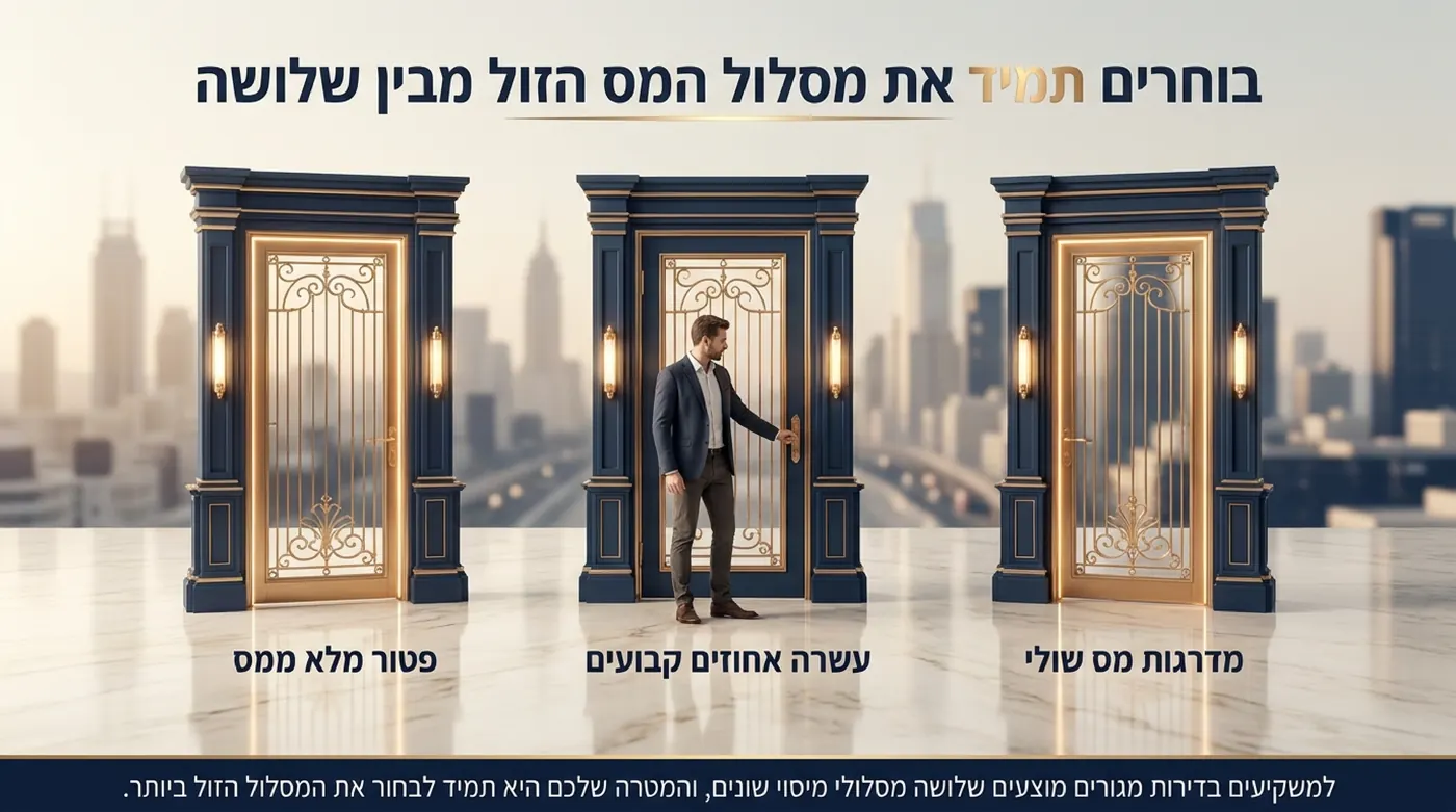 אדם עומד מול שלושה שערים מוזהבים המסומנים פטור ממס, עשרה אחוזים ומדרגות מס, ופותח את האמצעי