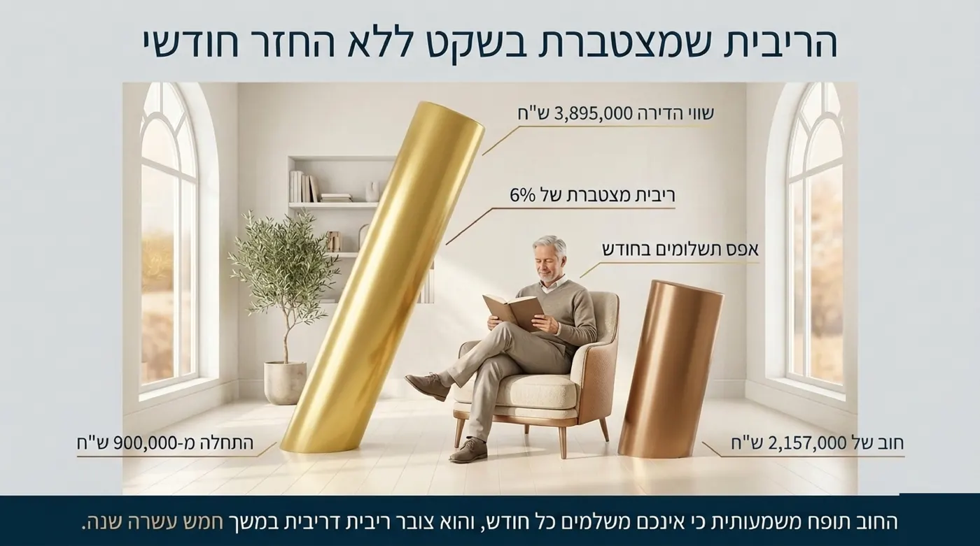 גבר קורא ספר בכורסה בין שני עמודים, עמוד זהב גבוה שמסמן את שווי הדירה ולידו עמוד ברונזה נמוך יותר שמסמן את החוב