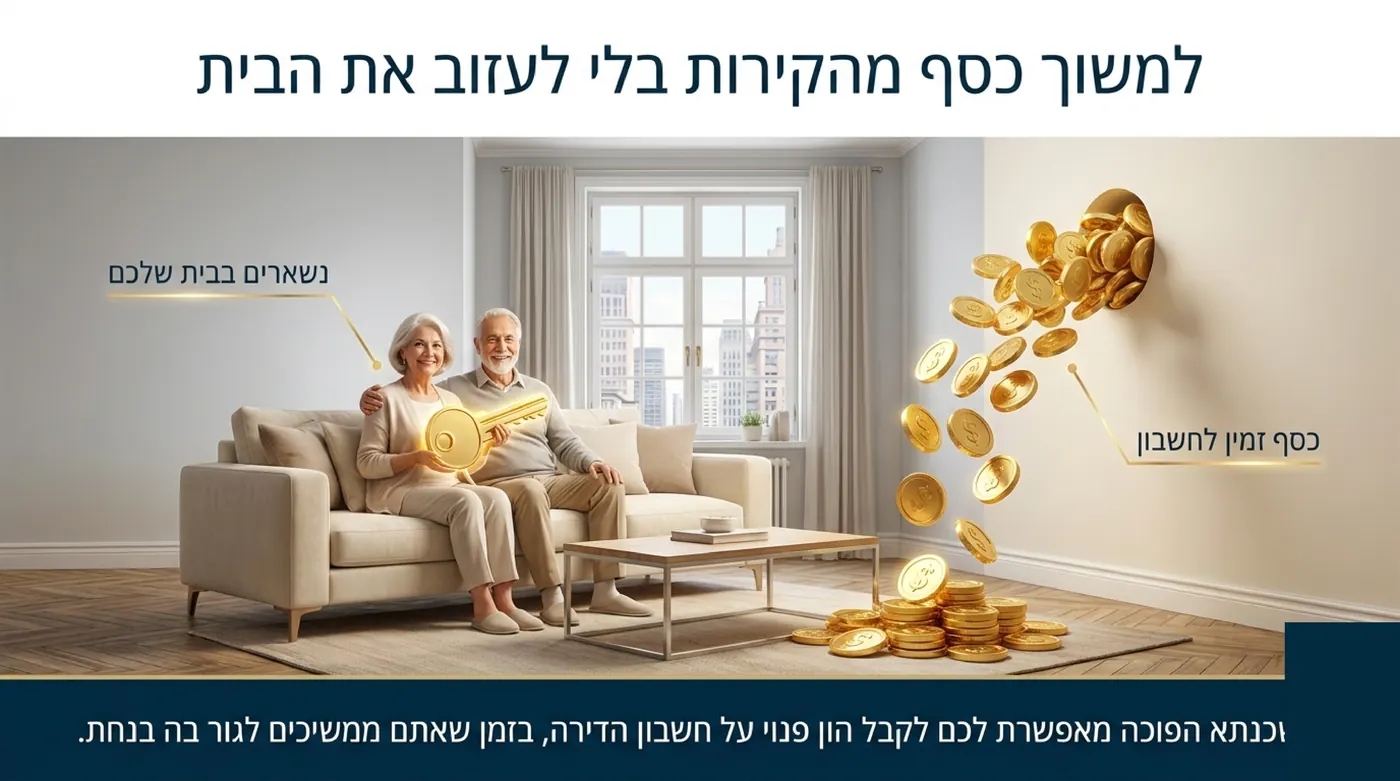 זוג מבוגר יושב על ספה בסלון ביתו ומחזיק מפתח זהב, בזמן שמטבעות זהב נשפכים מקיר הדירה אל הרצפה