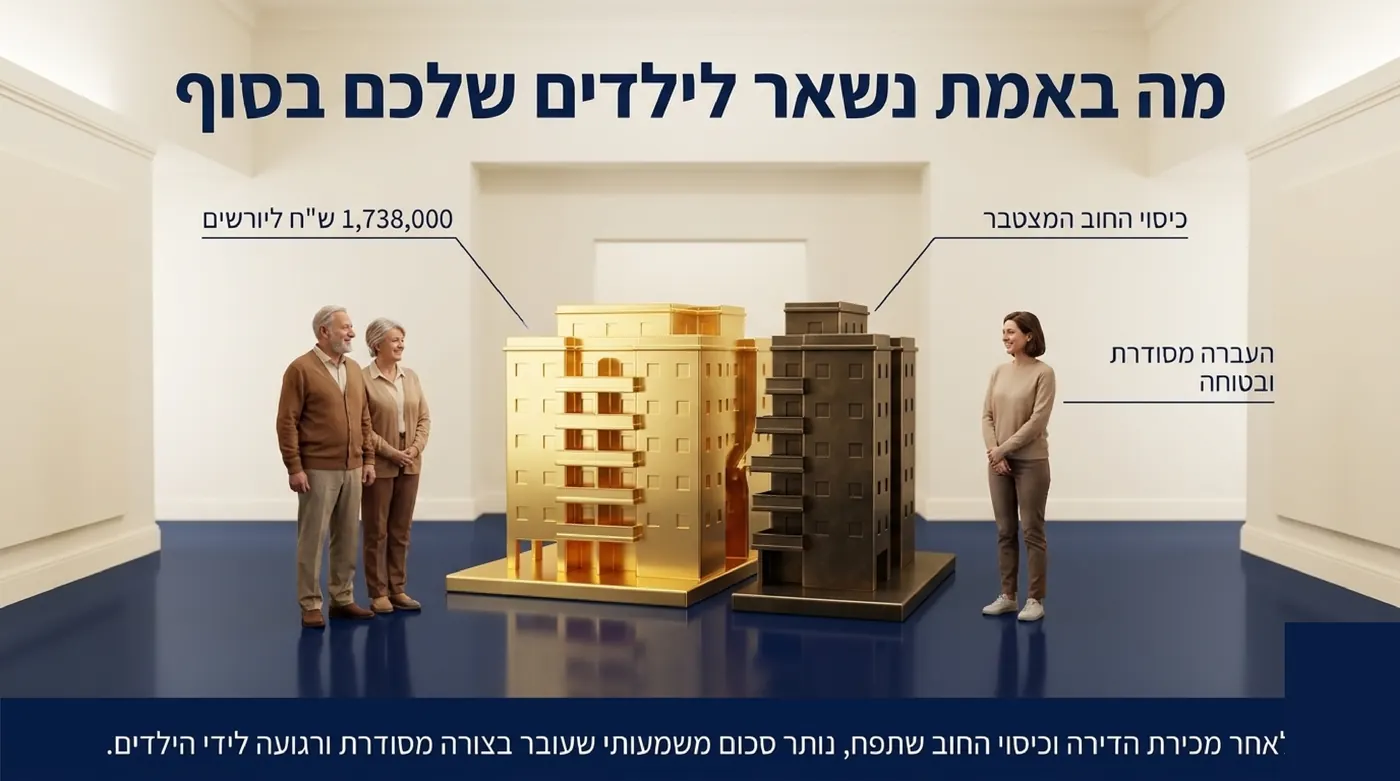 זוג מבוגר ואישה צעירה עומדים משני צדי שני דגמי בניין, אחד מזהב וקטן ממנו אחד מברונזה