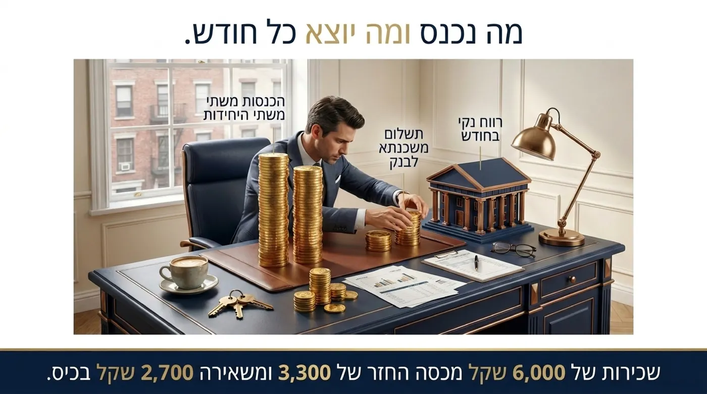 משקיע בחליפה ולפניו שתי ערמות מטבעות זהב גבוהות, ערמה שנעה לעבר מודל של בניין בנק, וערמה קטנה שנשארת על השולחן