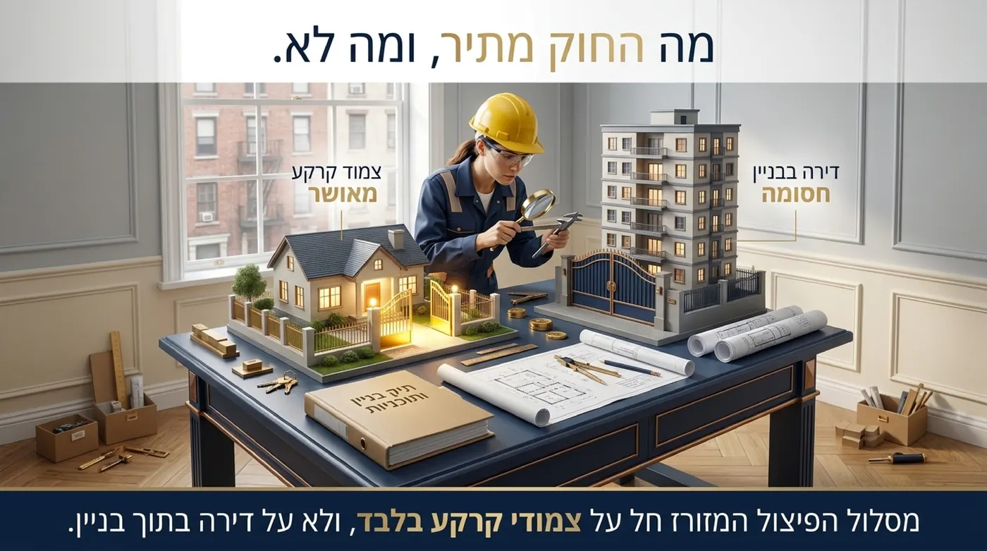 מהנדסת בוחנת בזכוכית מגדלת שני מודלים אדריכליים: בית צמוד קרקע עם שער זהב פתוח, ובניין מגורים עם שער סגור