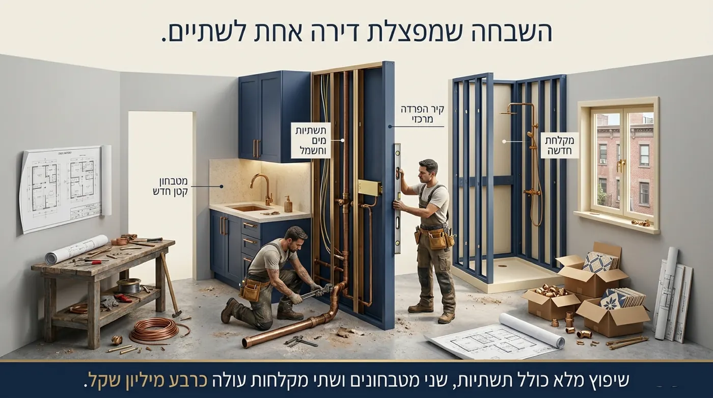 שני פועלי שיפוצים בונים קיר הפרדה באמצע דירה ריקה, כשמצד אחד מטבחון חדש ומצד שני מקלחת, וביניהם תשתיות חשופות